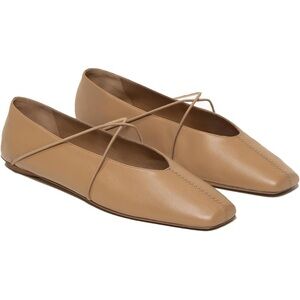Women's Tan Leather Square-Toe Ballet Flats with Crossed Strap
